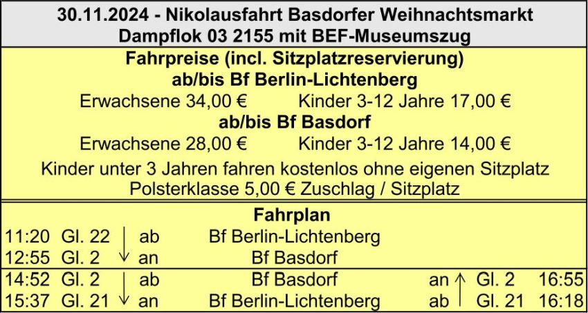 BEF Fahrplan Weihnachtsmarkt Basdorf am 30.11.2024