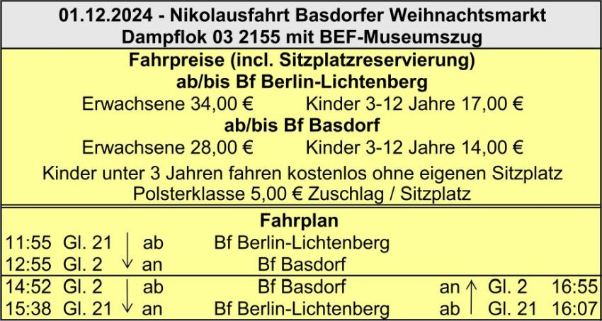 BEF Fahrplan Weihnachtsmarkt Basdorf am 01.12.2024